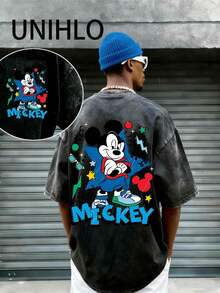 Disney UNIHLO  Mickey   Printed Summer Heavyweight Retro Washed Street Fashion Casual T-Shirt - 黑色 - 查看 1