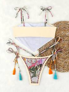 新款波西米亚风白色碎花系带比基尼，休闲性感优雅泳衣，饰以鲜艳的碎花图案和撞色滚边，适合海滩、度假、派对等场合。 - 彩色 - 查看 3