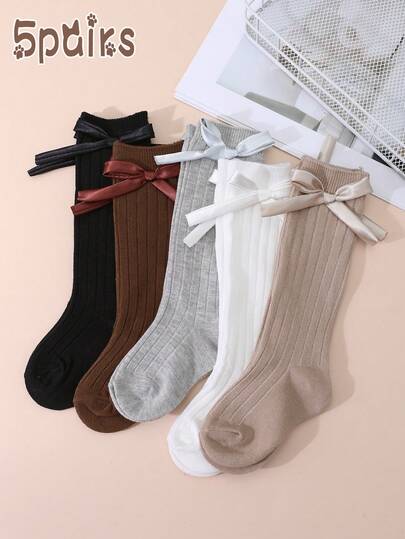 5 pares de calcetines de caña alta acanalados con decoración de lazo para niñas, adecuados para combinar con el uniforme escolar para estudiantes de primaria y secundaria