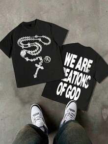Unisex "We Are Creations Of God" Graphic T-Shirt, Double-Sided Rosary Cross Print 220G Cotton Y2K Streetwear Tee Y2K Dark Aesthetic Tee Breathable & Comfortable Cotton - 黑色 - 查看 12