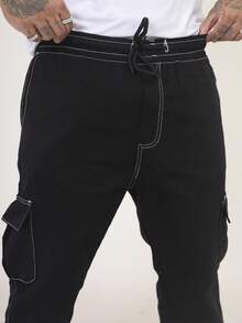 Men's Cargo Jeans, Comfortable Oversized Casual Fit With 6 Pockets, Skate Style - Hitam dan Putih - View 5