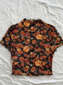 女士立领上衣，通体花卉印花，雏菊荷叶边装饰，轻薄沙滩度假风 - 黑色 - 查看 4