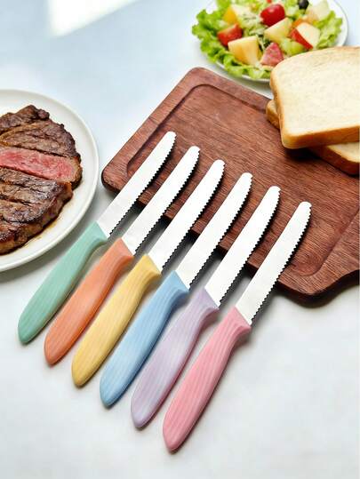 2/4/6pcs Stainless Steel Western-Style Knives Set, Including Steak Knife, Tomato Knife, Multipurpose Bread Knife, Fruit Knife, Chef's Knife, Suitable For Home Kitchen, Restaurant, Holiday Dining, Dishwasher , Serrated Edge Breakfast Knife, Applicable For Dining, Fruits, Vegetables, Bread, Steak Slicing (Serrated Blade Creative Cutlery Set, Suitable For Home Gathering, Outdoor Camping, Wedding Party, Snacks)