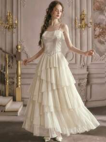 Elegant Romantic Wedding Guest Tulle Spaghetti Strap Party Evening Tie-Up Ruffle Hem Princess Dress - Apricot - View 3