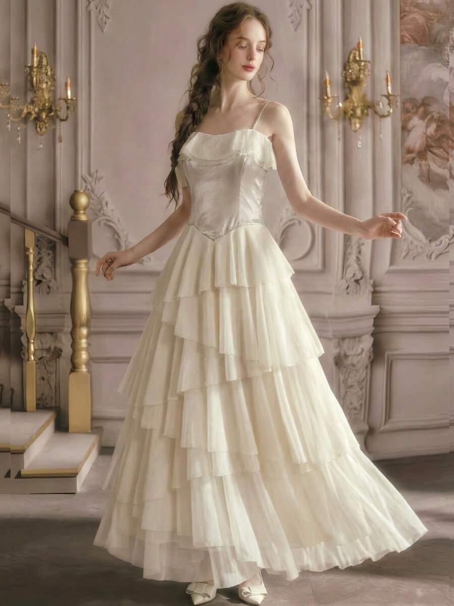 Elegant Romantic Wedding Guest Tulle Spaghetti Strap Party Evening Tie-Up Ruffle Hem Princess Dress Spring - Apricot - View 1