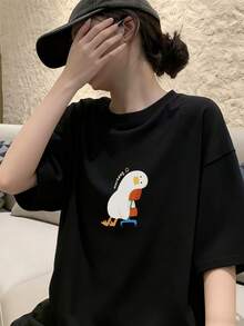女士宽松圆领短袖字母卡通鸭子印花T恤，春夏款 - 黑色 - 查看 1