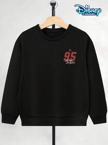 Boys' Crew Neck Pullover Sweatshirt, Suitable For Spring, Autumn, And Winter, For Children Aged 5-12. Black, Loose And Comfortable Fit. Features A Small Red "95 Lightning McQueen" Print On The Left Chest And "Lightning McQueen" Lettering And Lightning McQueen Racing Car Lines On The Back, Decorated With A Checkered Flag And "95 FAST" Lettering. Disney Cars Themed Design. Skin-Friendly And Breathable Fabric. Can Be Paired With Jeans, Sweatpants, Or Casual Shorts For Various Styles. Eye-Catching Racing Theme Design, A Must-Have For Back-To-School Season. Machine Washable And Durable. Suitable For All Body Types. Versatile And Practical Children's Top. Popular American Children's IP Themed Top. Boys' Everyday Casual Top. Disney Element Children's Fun Printed Pullover Sweatshirt. Comfortable And Skin-Friendly Top For Teenagers. Unique Patterned Boys' Sweatshirt. - 黑色 - 查看 4