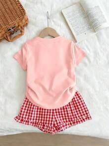 2pcs/Set Teen Girl Short Sleeve Top And Plaid Shorts (Random Cut) Creative Print Pattern Soft Set, Suitable For Spring And Summer Daily Wear - Multicolor - View 5