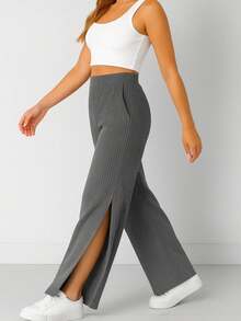 Women's Wide Leg Flared Trousers With Side Slit, Side Opening, Evening, Daily, With Pocket - 灰色 - 查看 5