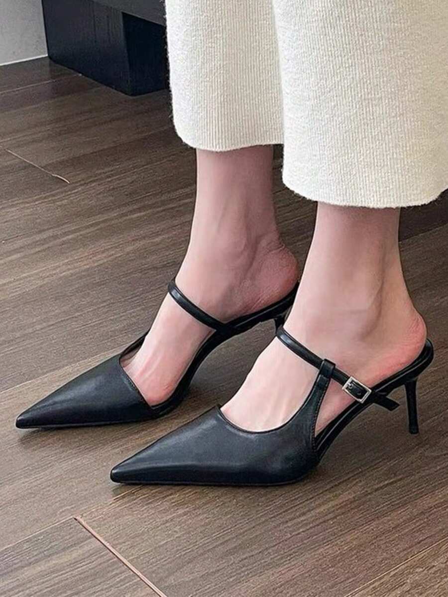 女士法式尖头细带高跟凉鞋，露后跟显瘦通勤高跟鞋 - 黑色 - 查看 1