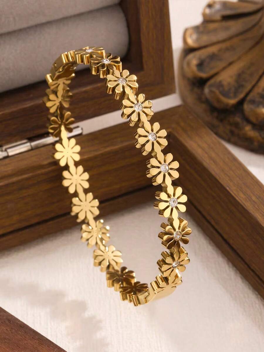 RAYQUEEN 1pc Stainless Steel Flower Rhinestone Inlaid Gold Tone Fashionable Versatile Bracelet For Women, Suitable For Daily Wear - Yellow Gold - View 1