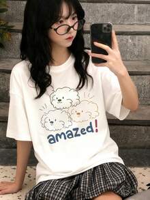 Japanese Style Women's Loose Round Neck Short Sleeve Letter & Cartoon Print T-Shirt, Spring/Summer - White - View 3