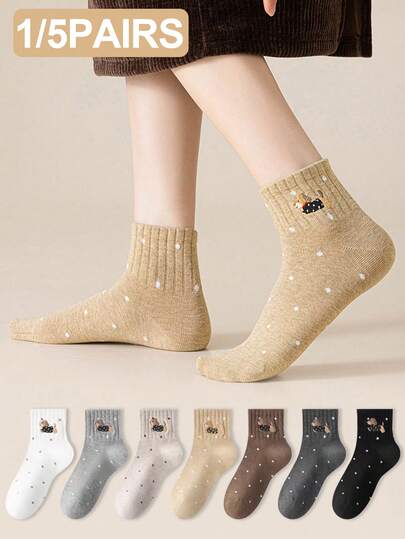1/5 双随机女士波点卡通腊肠犬图案时尚百搭透气吸汗休闲家居可爱短袜