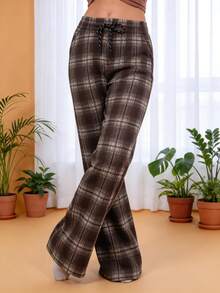 Pantalones casuales de pierna ancha con cordón a cuadros para mujer, de poliéster elástico y largo - marrón - Ver 2