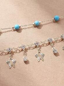 2 piezas Tobillera de estilo bohemio con mariposa de turquesa y diamante de imitación, adecuada para vacaciones en la playa y uso diario casual de mujeres - Dorado - Ver 2