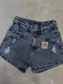 Denim Shorts With Folded Hem, 100% Cotton. - Teal Blue - View 1