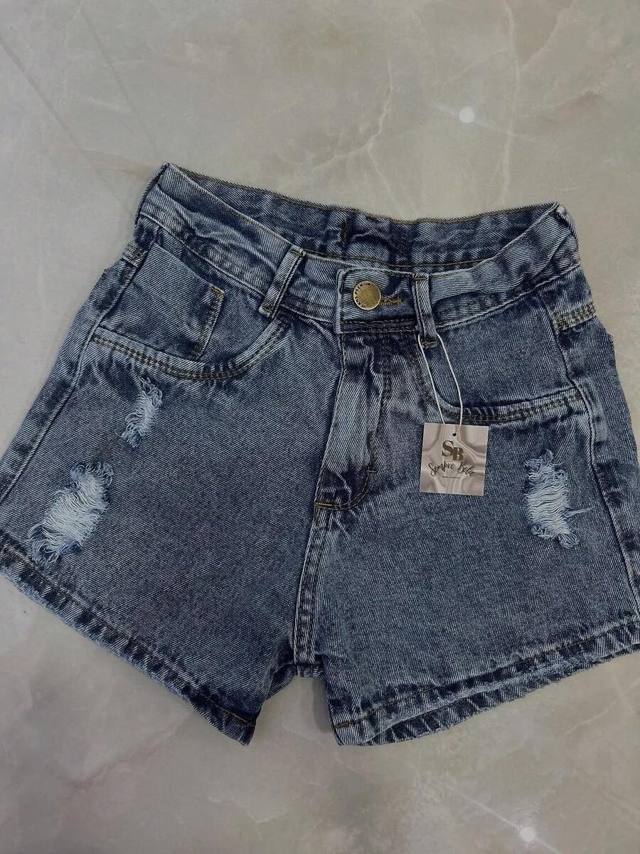 Denim Shorts With Folded Hem, 100% Cotton. - Teal Blue - View 1