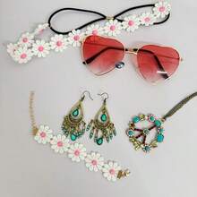 5pcs/Set Hippie Style Accessories Set, Peace Sign Necklace, Daisy Earrings, Flower Headband, Fashion Glasses - Blue - View 11