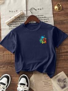 Áo thun ngắn tay cổ tròn in họa tiết dành cho bé trai tuổi teen, kiểu dáng thường ngày, thích hợp mặc mùa hè. - Màu xanh hải quân - Xem 4