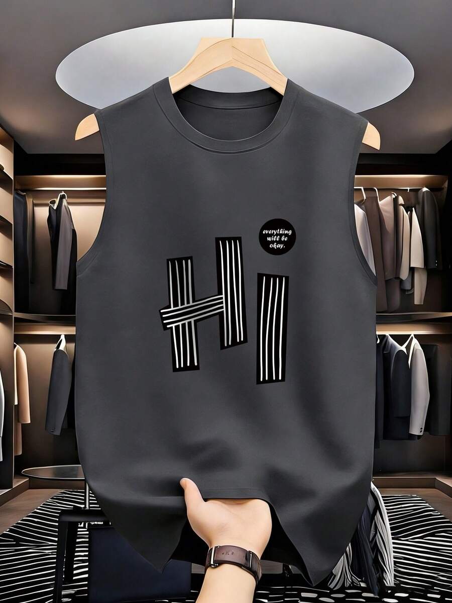 男士圆领字母和美国国旗印花休闲背心 - 深灰色 - 查看 1