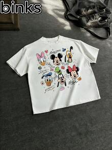 Disney Binks Mickey Mouse, Donald Duck, Bruce Cartoon Printed Short Sleeved T-Shirt, A Fashionable And Loose Short Sleeved Street T-Shirt. Spring And Summer Fashionable Versatile Tops, Holiday Gifts, Vintage Prints. - White - View 2
