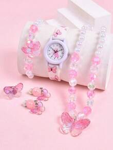 6pcs/Set Silicone Strap Quartz Wrist Watch For Kids, Creative Butterfly Design, Luxury Princess Necklace & Bracelet Jewelry Set - White - View 3