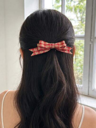 Pinza de pelo a cuadros brillante color borgoña con lazo - Estilo elegante, adecuado para bodas, compromisos, escuela, fiestas, accesorios de moda para mujer