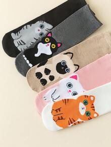 5双装女士卡通中筒袜，ins风，百搭，可爱猫咪动物图案，适合春夏穿着 - 彩色 - 查看 5