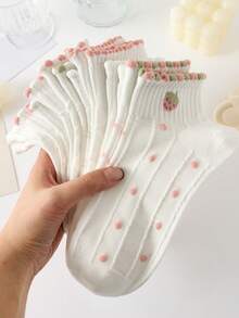 5 Pairs Women's White Ankle Socks, Cute Minimalist Floral Pattern Boat Socks, Suitable For All Seasons, Random Colors - Multicolor - View 2