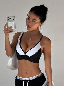 Sujetador deportivo de punto para mujer, negro y blanco, con almohadillas extraíbles y tirantes ajustables, primavera - Blanco y Negro - Ver 3