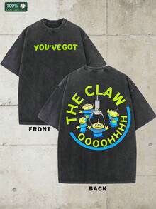 Disney-Toy Story Three Eyed Boy THE CLAW Theme T-Shirt Retro Distressed Washed Cartoon Print Short Sleeved Shirt For Men And Women, Loose Half Sleeved Top For Couples - màu đen - Xem 3