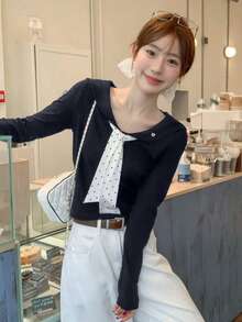 Women's Casual Turndown Collar Contrast Polka Dot Tie Front Long Sleeve Blouse, Spring/Summer - Navy Blue - View 2