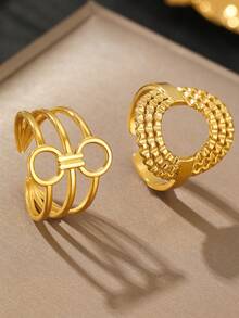 2 piezas de anillos de metal de acero inoxidable con aberturas ajustables, elementos de tejido geométrico, estilo retro, dorado personalizado, para fotografía callejera hipster, para usar en una fiesta y salir como regalo de cumpleaños. - anillo - Ver 4