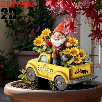 Spring & Summer Limited Edition: 2D Printed, Imaginative Garden Gnome With Sunflower Truck Statue, Acrylic Weather-Resistant Outdoor Decor, No Electricity Needed, Suitable For Planters, Lawns, Patios, Backyards, Terraces, Vintage Truck Design, Realistic Texture.