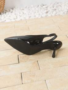 女士春季新款黑色漆皮尖头小猫跟鞋，优雅时尚，适合办公室通勤、晚宴、正式场合穿着，配有踝带 - 黑色 - 查看 8