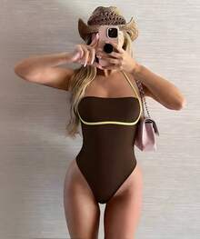 Khaki Contrast Color Hollow Out One-Piece Swimsuit, Halter Neck Design + Cutout Waist, Exudes Elegant Vibe, Easy To Create Sexy Vacation Look - Coffee Brown - View 2