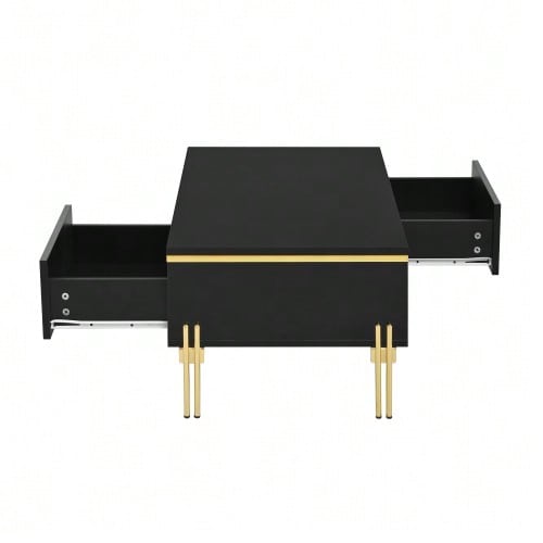 Modern Luxury TV Cabinet And Coffee Table Set, High-Gloss Solid Color Surface, Gold Edges, Generous Storage Space - Black - View 9