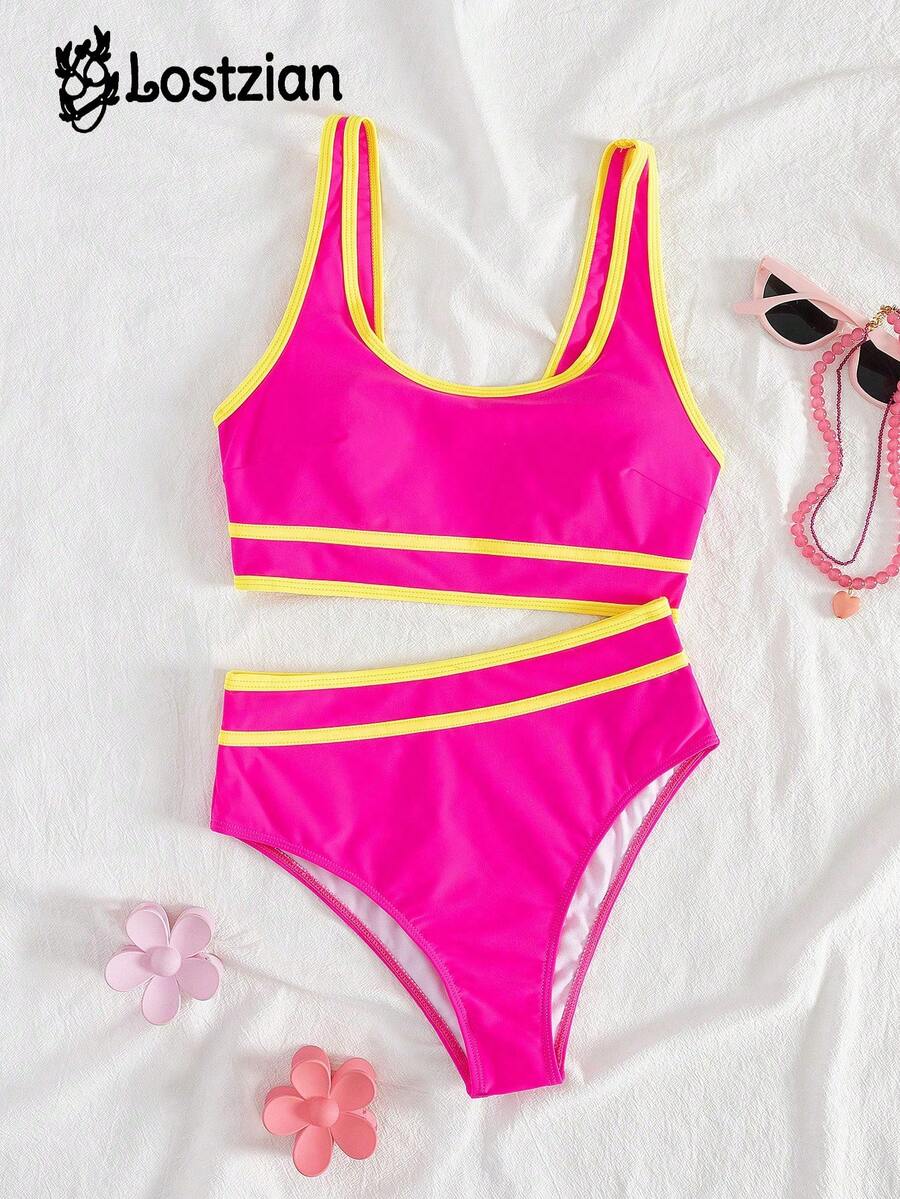 2026 性感优雅比基尼泳衣，粉色尼龙上衣，黄色滚边，圆领宽肩带休闲上衣，高腰泳裤，舒适休闲可爱泳装，适合海滩度假、泳池派对、情人节、嘉年华等场合，性感优雅的装扮，关注店铺 - 彩色 - 查看 1