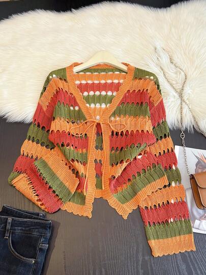 Summer Colorful Striped Knit Cardigan, Fashionable Casual Loose Tie-Front V-Neck Sweater
