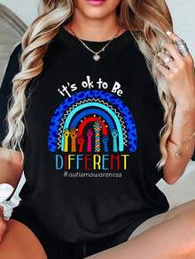 playeras de algodón mujer, Camiseta arcoíris para concienciar sobre el autismo "Está bien ser diferente" conjuntos de mujer tops - Negro - Ver 1
