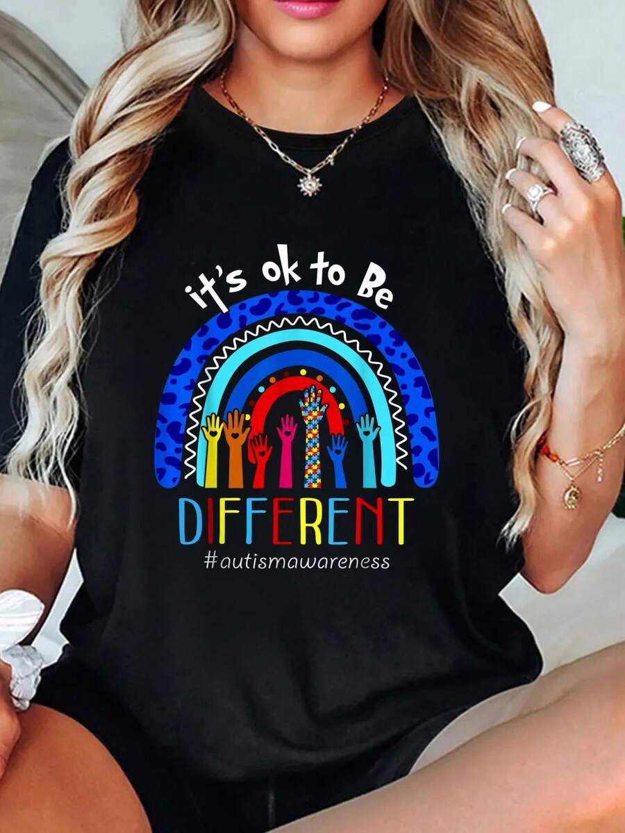 playeras de algodón mujer, Camiseta arcoíris para concienciar sobre el autismo "Está bien ser diferente" conjuntos de mujer tops - Negro - Ver 1