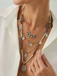 2件套波西米亚几何链条串珠亮片莲花火焰吊坠项链，奢华多层项链，适合婚礼、派对、度假、日常休闲、街拍，女士及情侣礼物 - 項鍊 - 查看 4