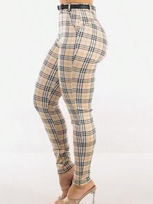 Butt Lift Stretchy Plaid Skinny Ankle Pants Cream - 彩色 - 查看 4