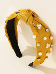 1pc Wide Pearl & Rhinestone Knotted Headband, Suitable For Daily Wear - Yellow - View 4