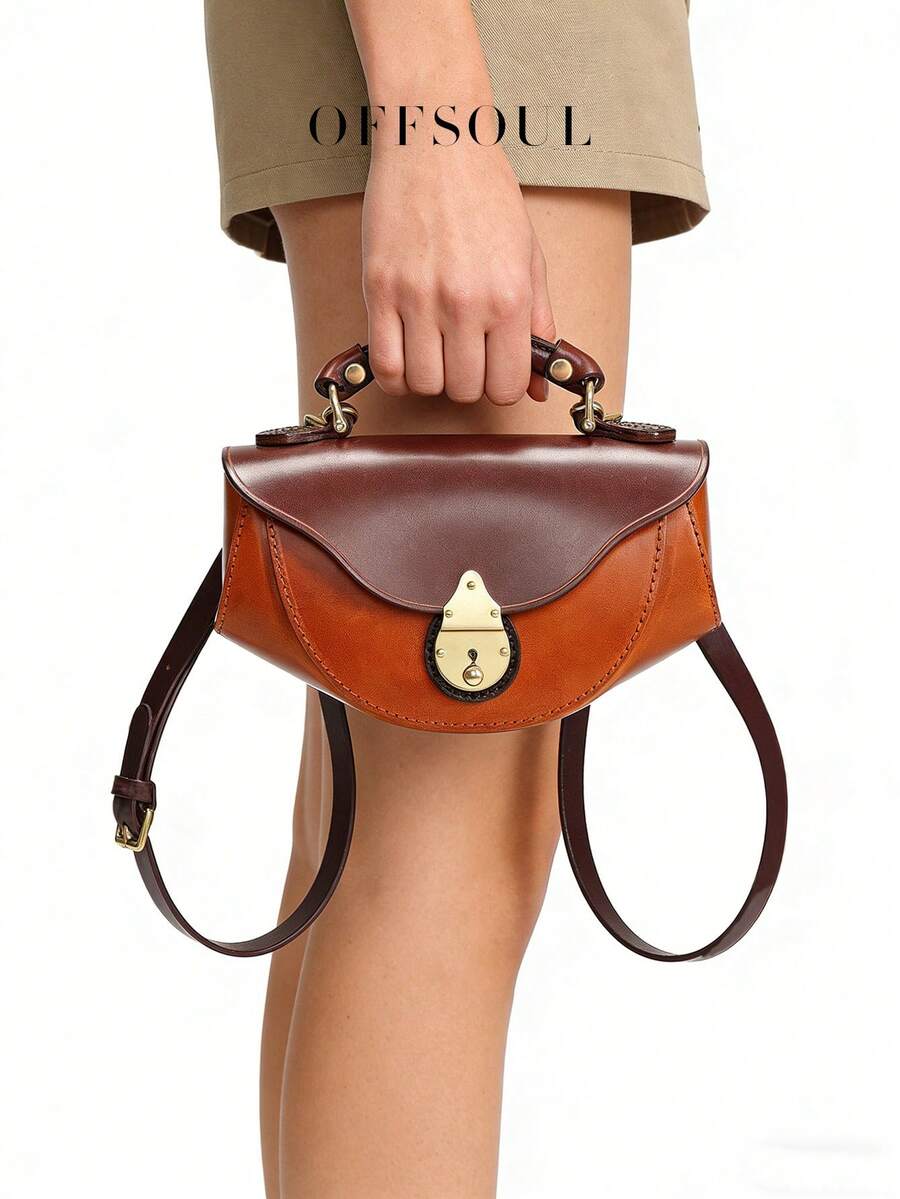 复古做旧锁扣马鞍包，女士新款时尚高端百搭小众手提包，单肩斜挎包 - 棕色 - 查看 1