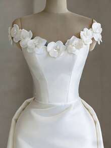 Beautiful Off-Shoulder Short Sleeve Backless A-Line Bridal Gown – Shiny Satin Dress With Bare Back And Flowing A-Line Silhouette, Designed For Weddings, Christmas Celebrations, Halloween Festivities, Prom Events, Birthday Parties, And Nighttime Galas. Suitable For Ceremonies, Festive Occasions, Bridal Showers, Holiday Vacations, Formal Dinners, Graduation Balls, Homecoming Parties, Cocktail Receptions, And Wedding Guest Functions. - trắng - Xem 2