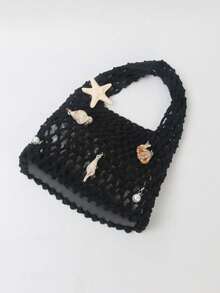 BAILEE Bolso de mano de poliéster de colores de moda con patrón tejido a mano y colgante de océano, adecuado para vacaciones - Negro - Ver 3