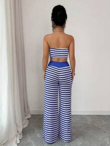 Women's Blue Striped Elegant Casual Sexy Strapless Bandeau Notch Neck Crop Top High Waisted Wide Leg Pants Two Pieces Set Summer Spring Beach Vacation Spring Break Co-Ord Sets - Blue - View 2
