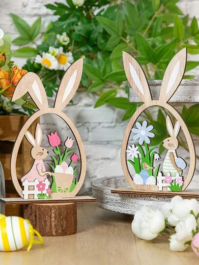 Easter Wooden Centerpiece - Rabbit, Eggs And Floral Spring Theme, Suitable For Indoor Home Holiday Decor And Dining Table Display, Farmhouse Style Home Decor (Self-Assembly Required), Easter Decoration, Easter Hanging Decor, Easter Bunny, Easter Eggs, Spring Decor