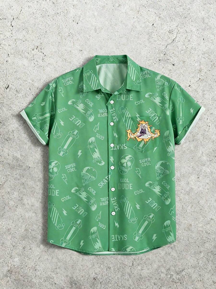 Men's Cartoon Print Lapel Collar Pocket Front Button Short Sleeve Shirt, Summer - Green - View 1